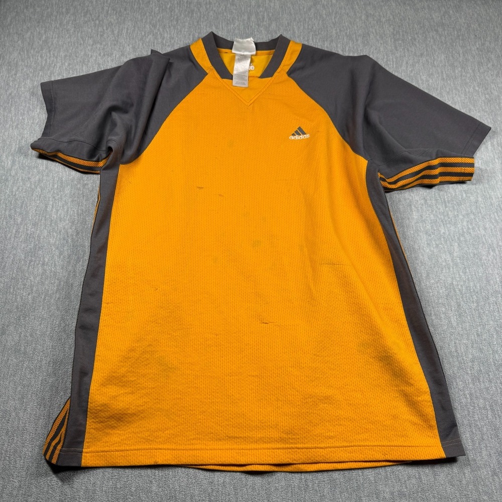Adidas Shirt Mens XL Yellow Grey Athletic Short Sleeve Tee Soccer Jersey V-Neck